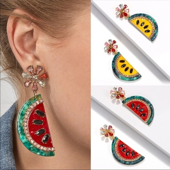 NWT Red Watermelon Crystal Drop Earrings / Yellow - Picture 2 of 4